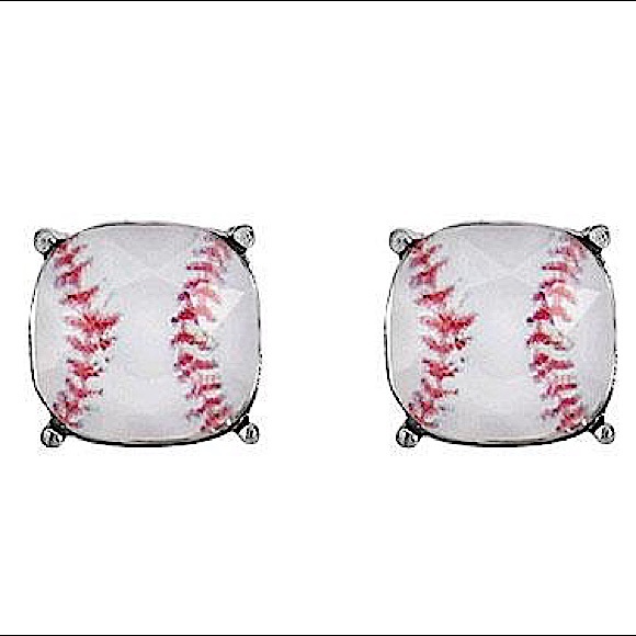 Baseball Cushion Cut Stud Silver Earrings NWT - Picture 3 of 9